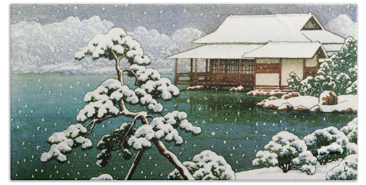 Kawase Hasui Bath Towel featuring the painting Snow in the Seichoen - Digital Remastered Edition by Kawase Hasui