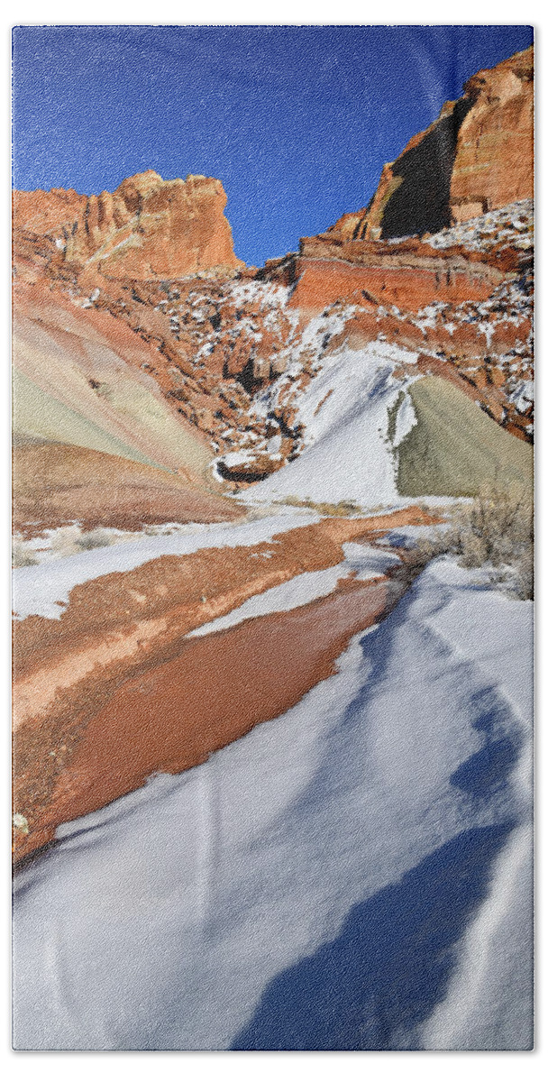 Capitol Reef National Park Bath Towel featuring the photograph Snow Melts Beneath Cohab Canyon by Ray Mathis