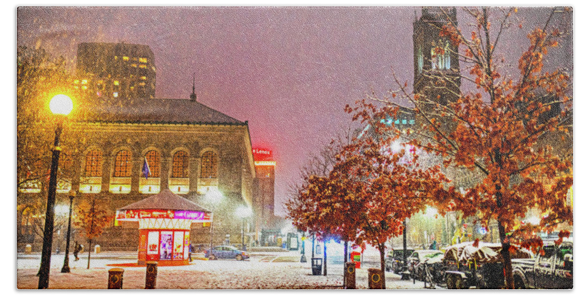 Boston Bath Towel featuring the photograph Snowfall in the City Boylston Street Boston MA by Toby McGuire