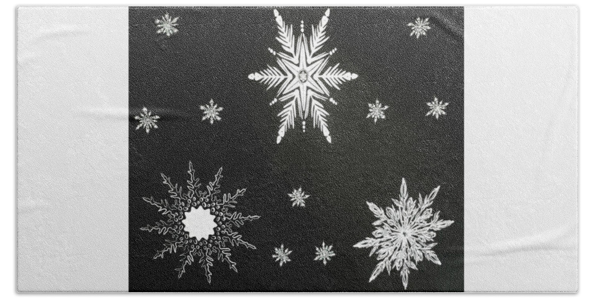 Scratchboard Bath Towel featuring the mixed media Snowflakes II by Kingsley Krafts