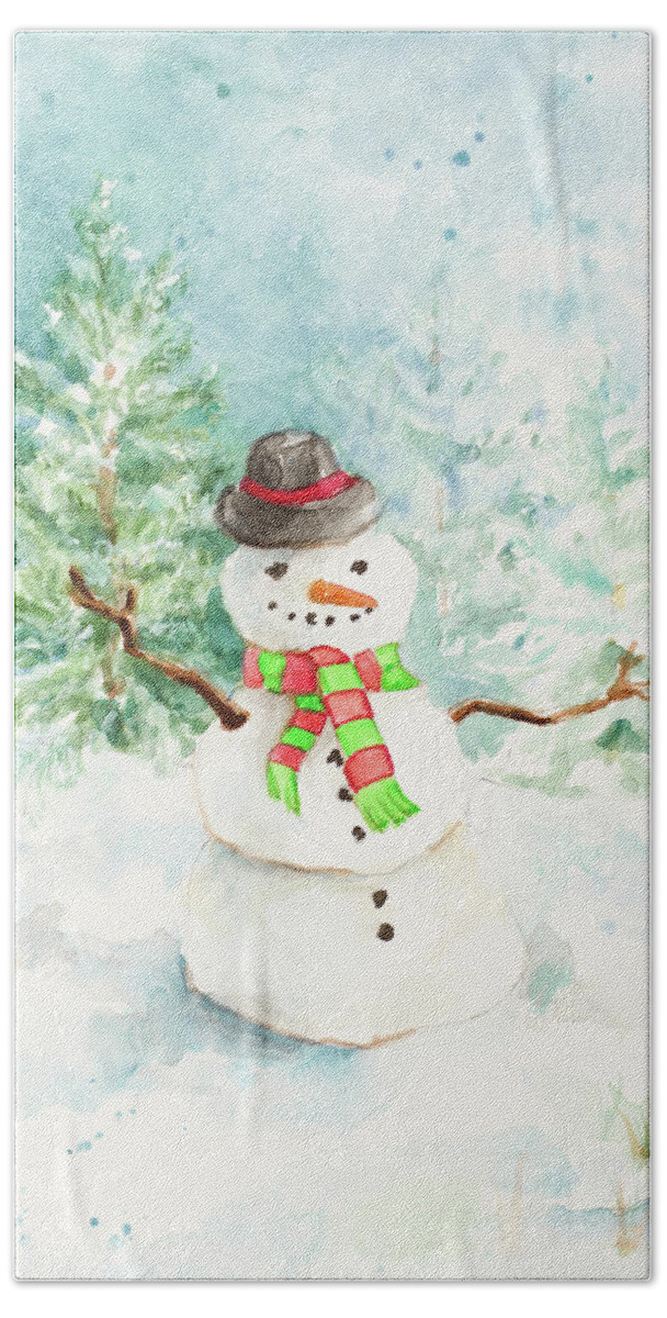 Snowman Bath Towel featuring the mixed media Snowman In The Pines by Lanie Loreth