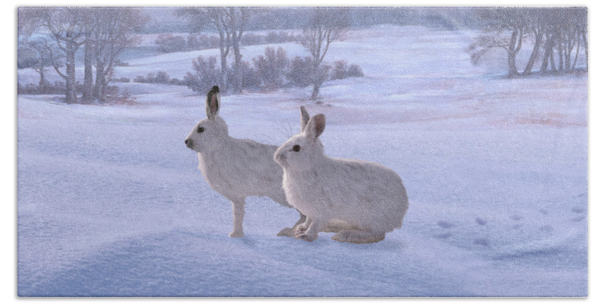 Hare Hand Towel featuring the digital art Snowshoe Hares by M Spadecaller