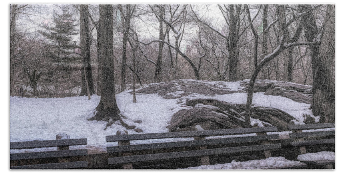 Snow Hand Towel featuring the photograph Snowy Benches by Alison Frank