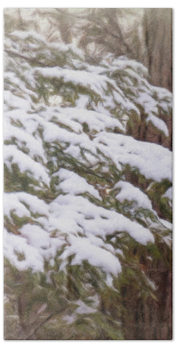 Winter Bath Towel featuring the digital art Snowy Pine Boughs by Leslie Montgomery