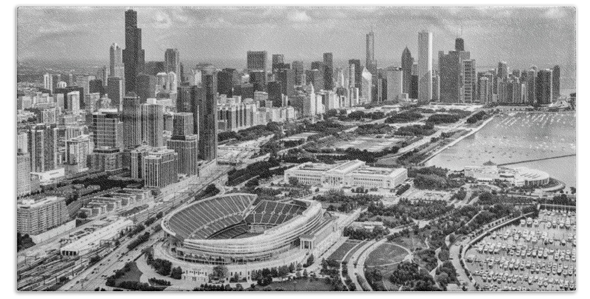 3scape Bath Towel featuring the photograph Soldier Field and Chicago Skyline Black and White by Adam Romanowicz