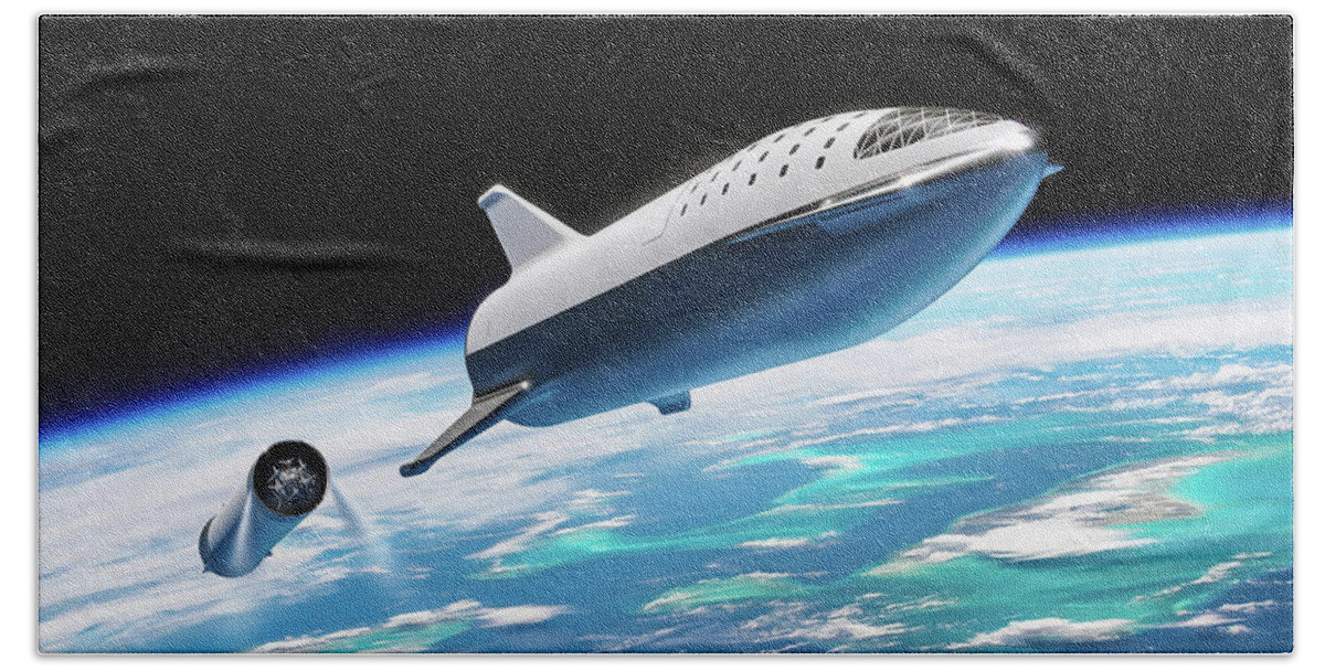 Spacex Bath Towel featuring the digital art SpaceX BFR Big Falcon Rocket with Earth by Pic by SpaceX Edit by M Hauser
