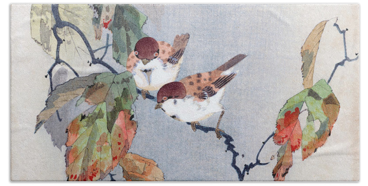 Shoki Hand Towel featuring the painting Sparrows by Shoki