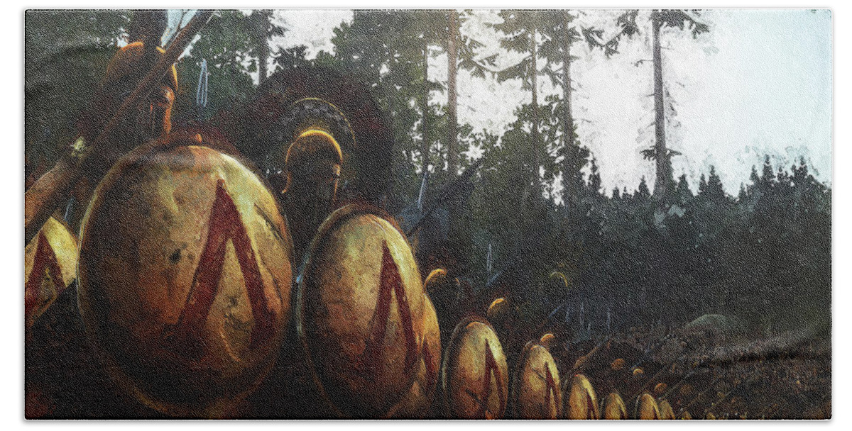 Spartan Warrior Bath Towel featuring the painting Spartan Army at War - 37 by AM FineArtPrints