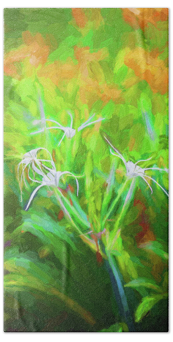 Spider Lily Bath Towel featuring the photograph Spider Lily, and Day Lilies 106 by Rich Franco