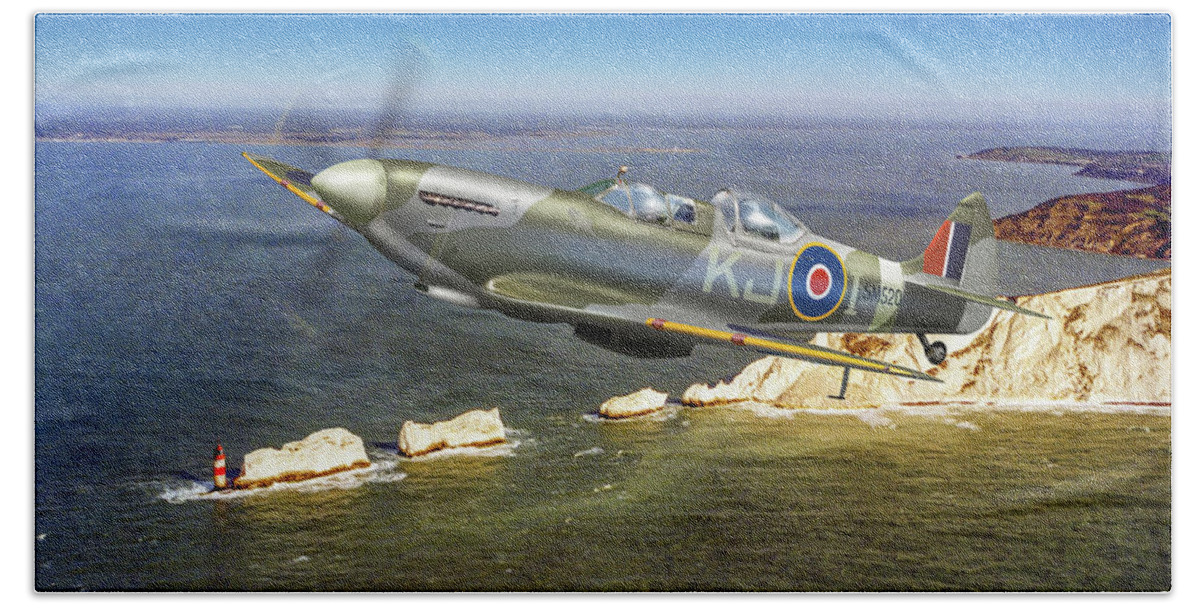 Spitfire Tr 9 Hand Towel featuring the photograph Spitfire Tr 9 over The Needles by Gary Eason