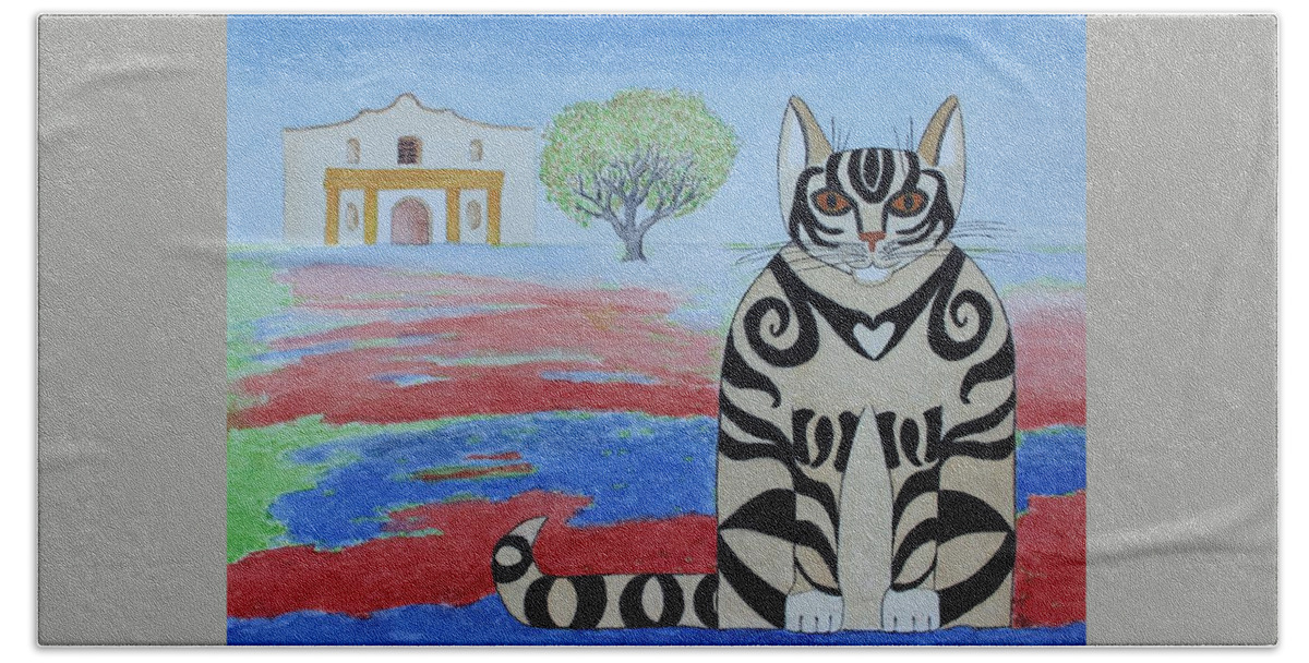 Spring Hand Towel featuring the painting Spring Alamo Cat by Vera Smith