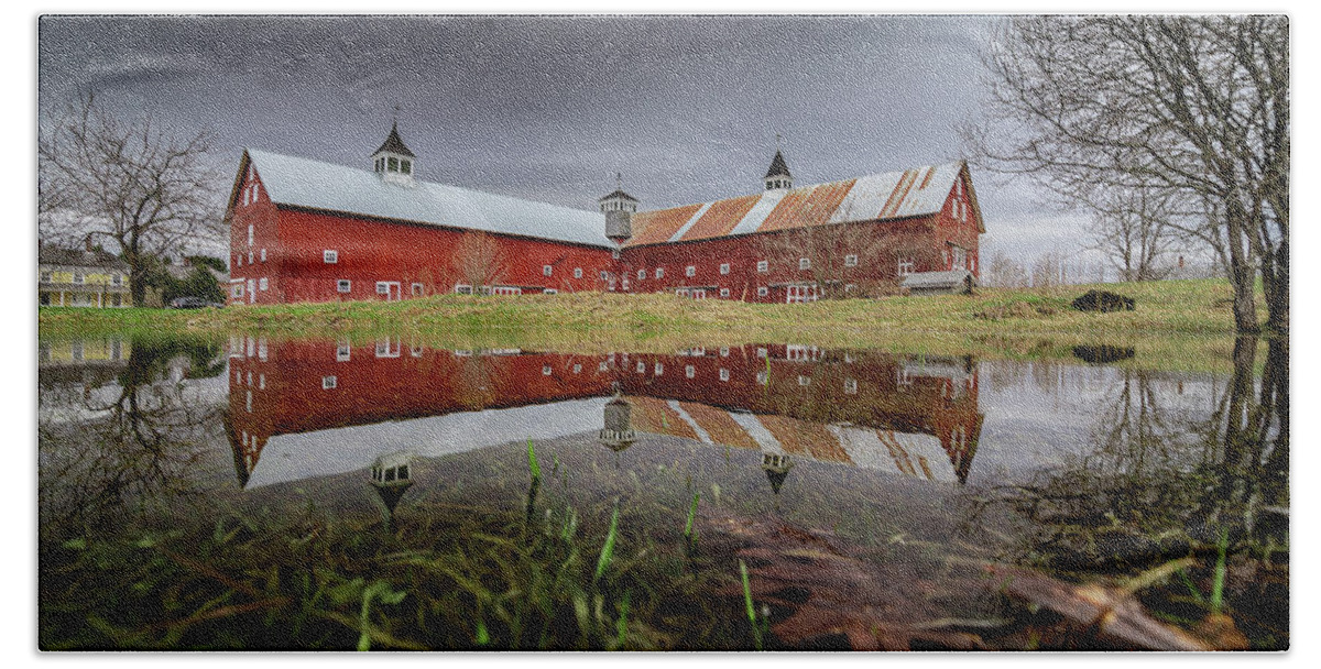 Barn Bath Towel featuring the photograph Spring Barn Reflection by Tim Kirchoff