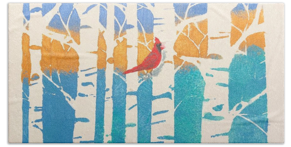 Cardinal Hand Towel featuring the mixed media Spring Cardinal in middle birch tree by Monika Shepherdson