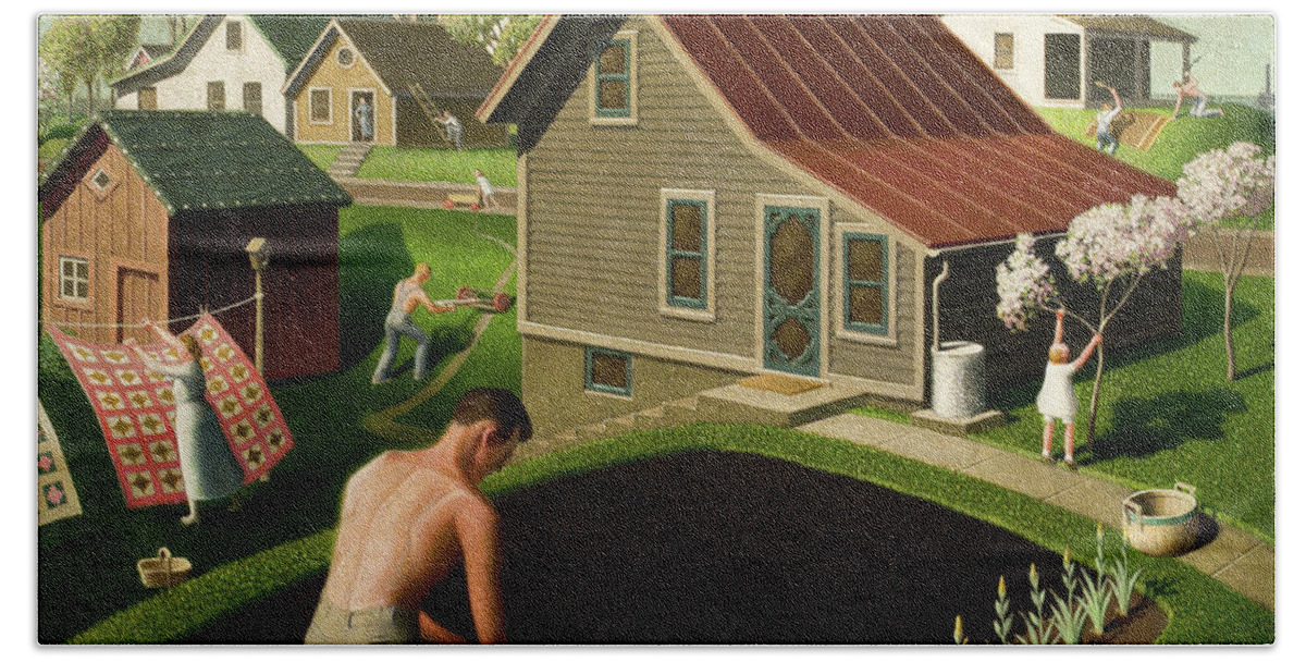 Grant Wood Hand Towel featuring the painting Spring in Town, 1941 by Grant Wood