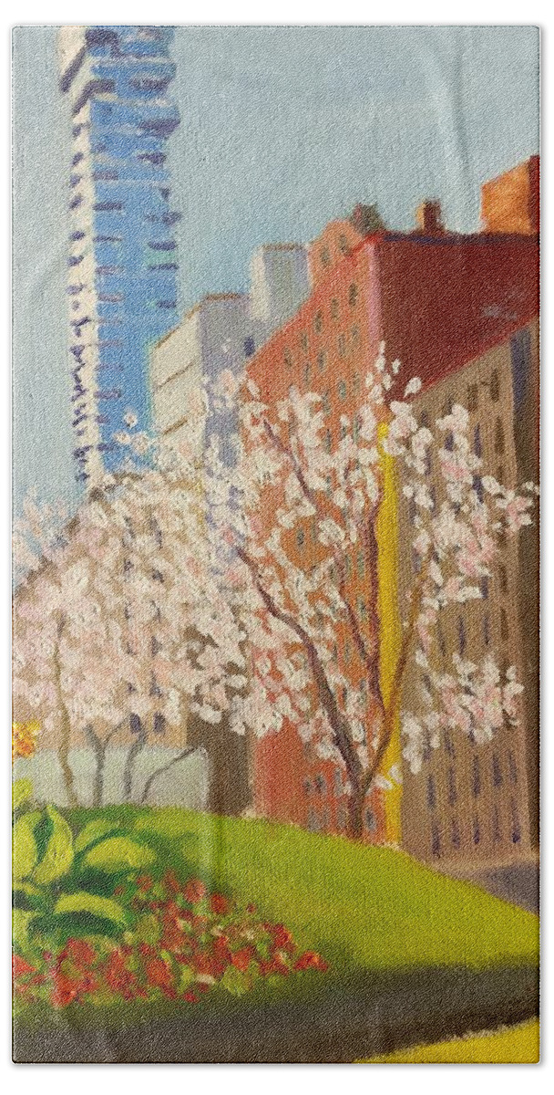 Flowers Hand Towel featuring the painting Spring in Worth St by Nicolas Bouteneff