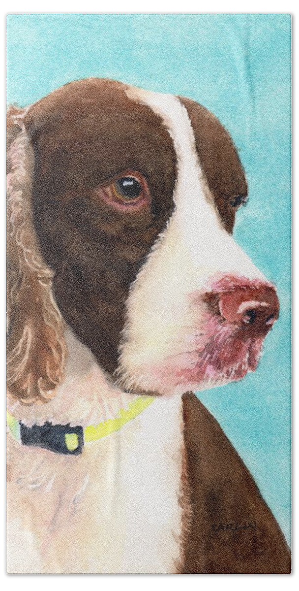 Dog Hand Towel featuring the painting Springer Spaniel Portrait by Carlin Blahnik CarlinArtWatercolor