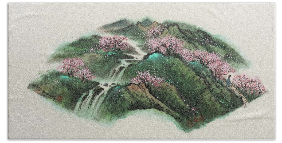Chinese Watercolor Bath Towel featuring the painting Springtime Stroll Through the Peach Blossoms by Jenny Sanders
