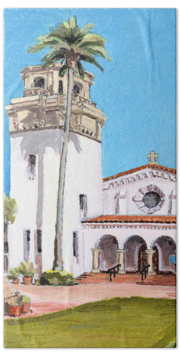 St James Bath Towel featuring the painting St. James By-the-Sea Episcopal Church La Jolla San Diego California by Paul Strahm