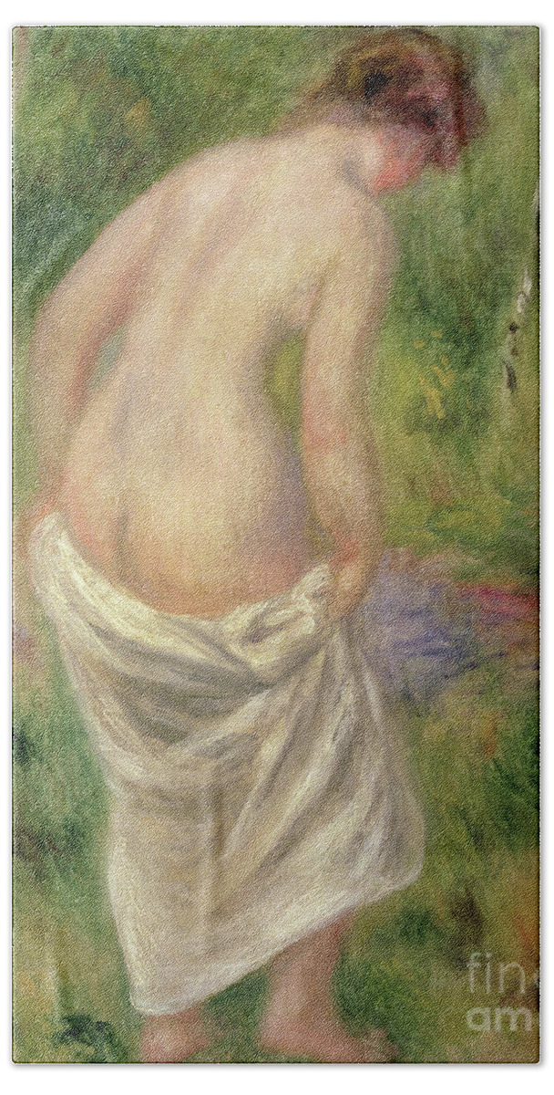Female Bath Towel featuring the painting Standing Nude in a Landscape, 1914 by Pierre Auguste Renoir