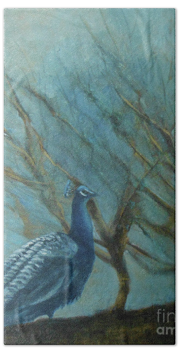 Standing Tall Peacock Bath Towel featuring the painting Standing Tall by Jane See