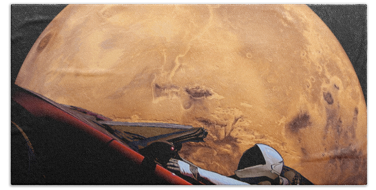 Dont Panic Bath Towel featuring the digital art Starman In Orbit Around Mars by Filip Schpindel