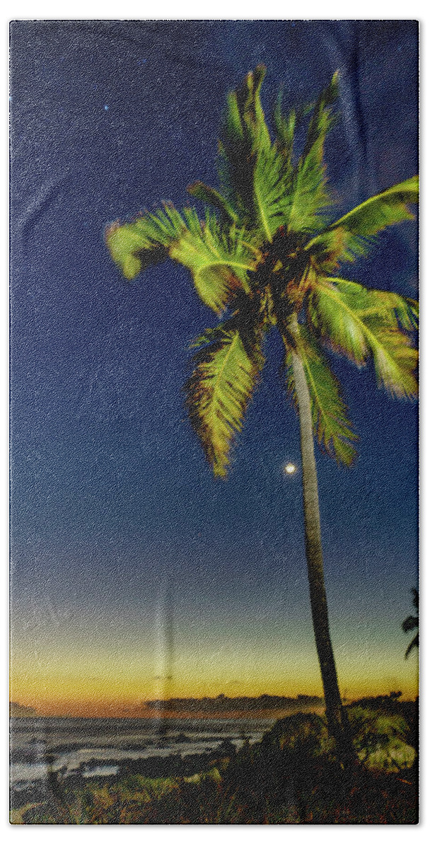 Hawaii Bath Towel featuring the photograph Stars - Palms - Moon -Sea by John Bauer