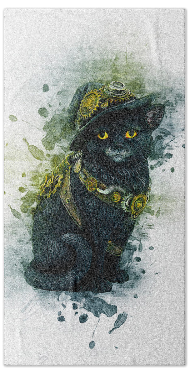 Cat Hand Towel featuring the digital art Steampunk Kitty by Ian Mitchell