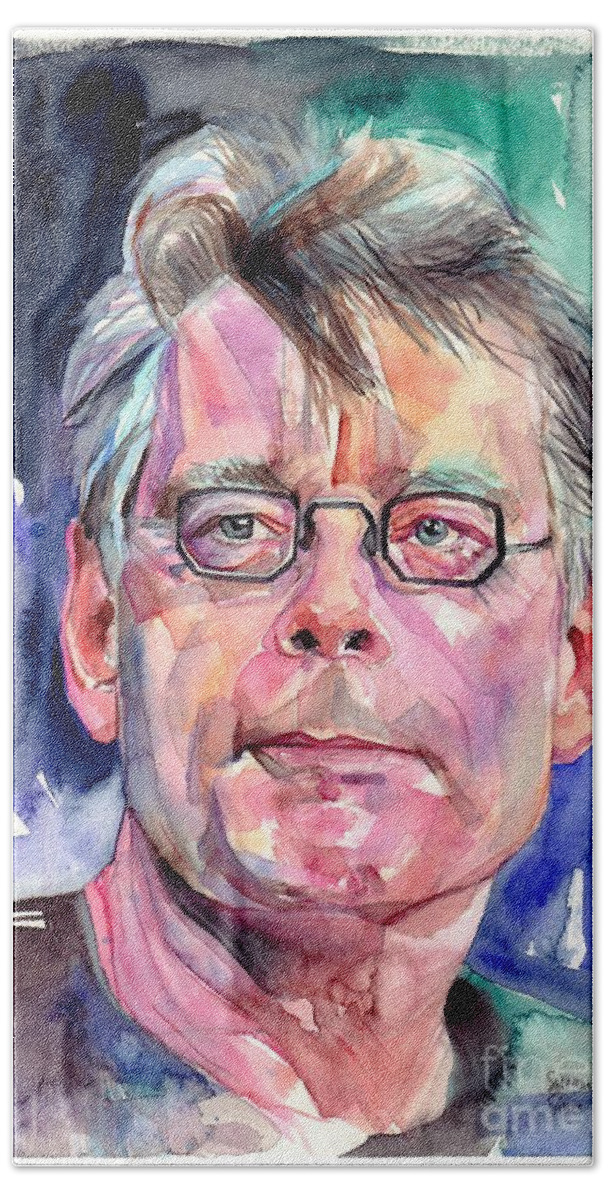 Stephen King Hand Towel featuring the painting Stephen King Portrait by Suzann Sines