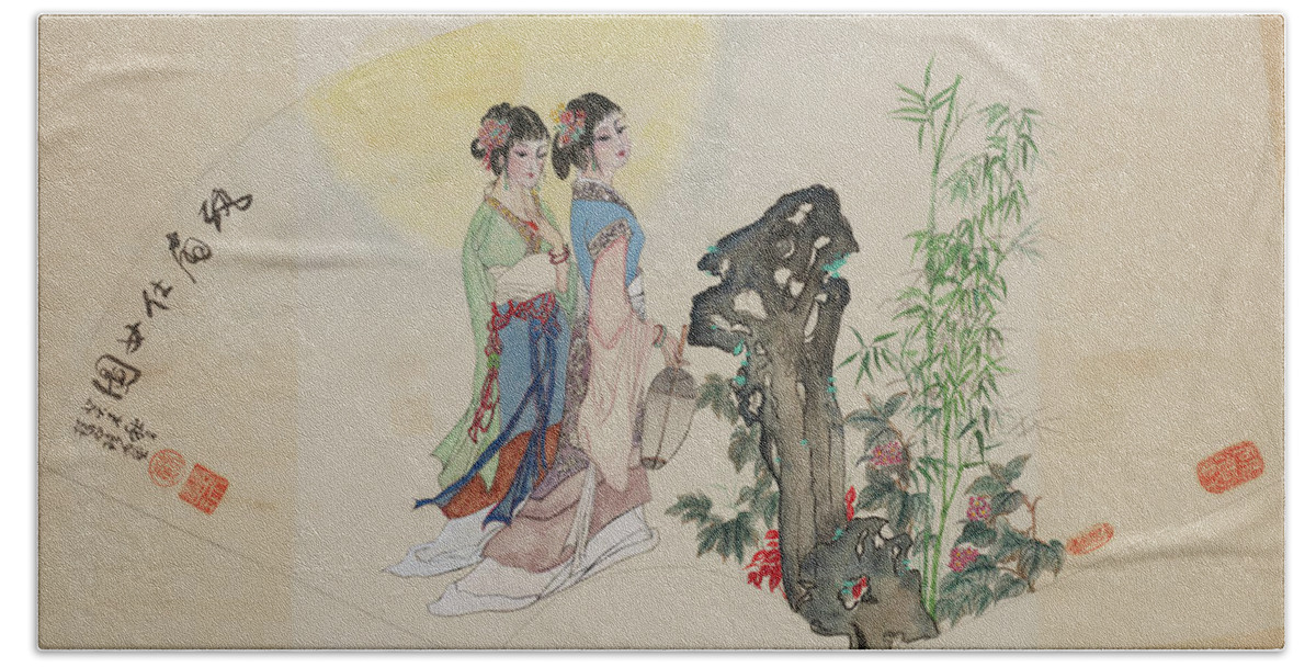 Chinese Watercolor Bath Towel featuring the painting Ladies in the Garden by Jenny Sanders
