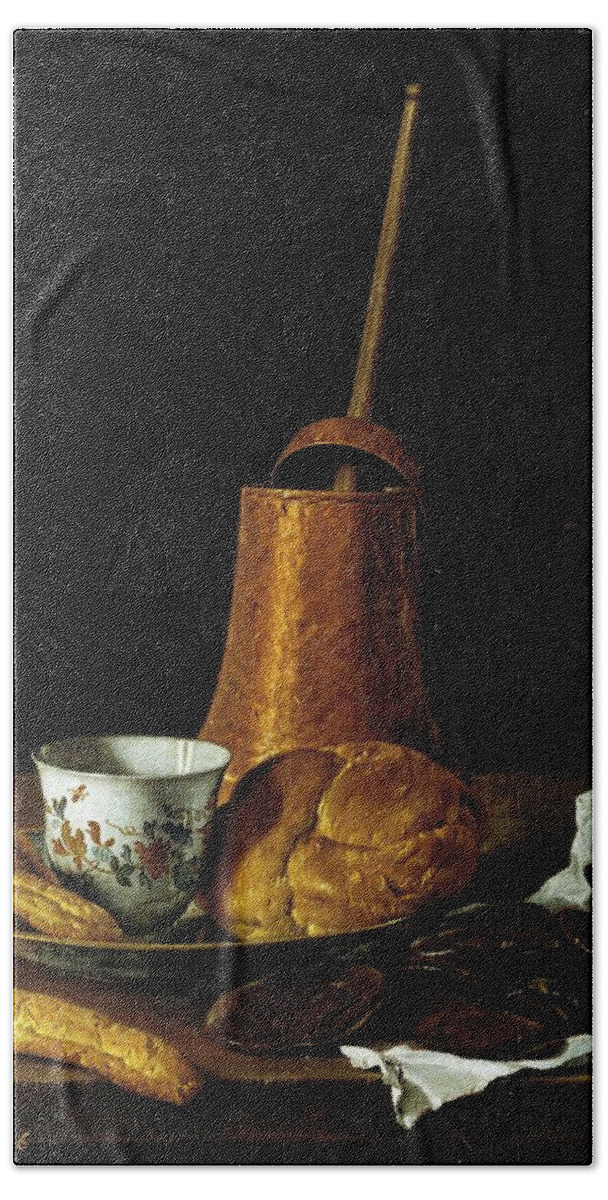 Still Life With A Chocolate Service Hand Towel featuring the painting 'Still Life with a Chocolate Service', 1770, Spanish School, Oil on canvas... by Luis Melendez -1716-1780-