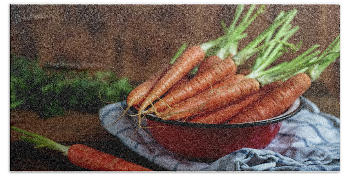 Carrot Bath Towel featuring the photograph Still Life with fresh Carrots by Nailia Schwarz