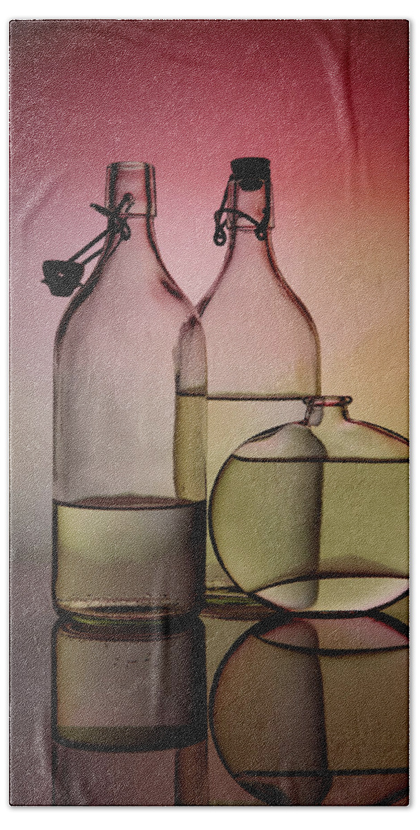 Still Ilfe Hand Towel featuring the photograph Still Life with Glass Bottles - Variant 01 by Nailia Schwarz