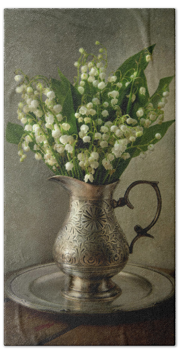 Lily Of The Valley Hand Towel featuring the photograph Still life with lily of the valley by Jaroslaw Blaminsky