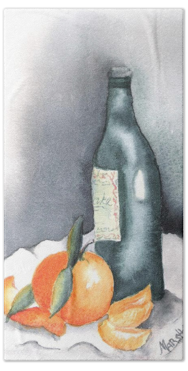 Watercolor Painting Orange Bottle Wine Fruit Gray Gift Card Wall Art Cards Prints Bath Towel featuring the painting Still Life with Orange by Marsha Woods