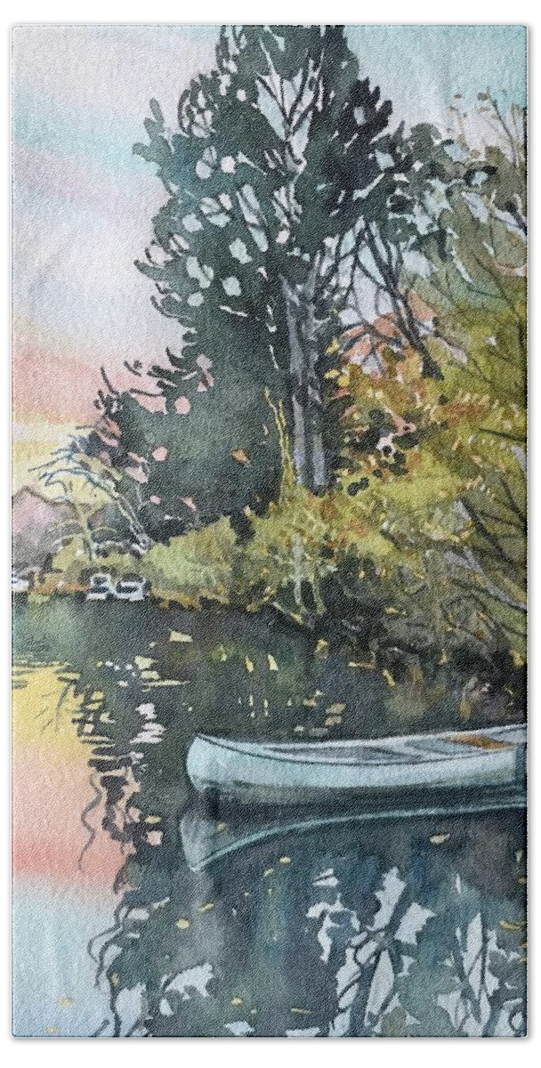 Watercolor Bath Sheet featuring the painting Still Sunset at theLlake by Luisa Millicent