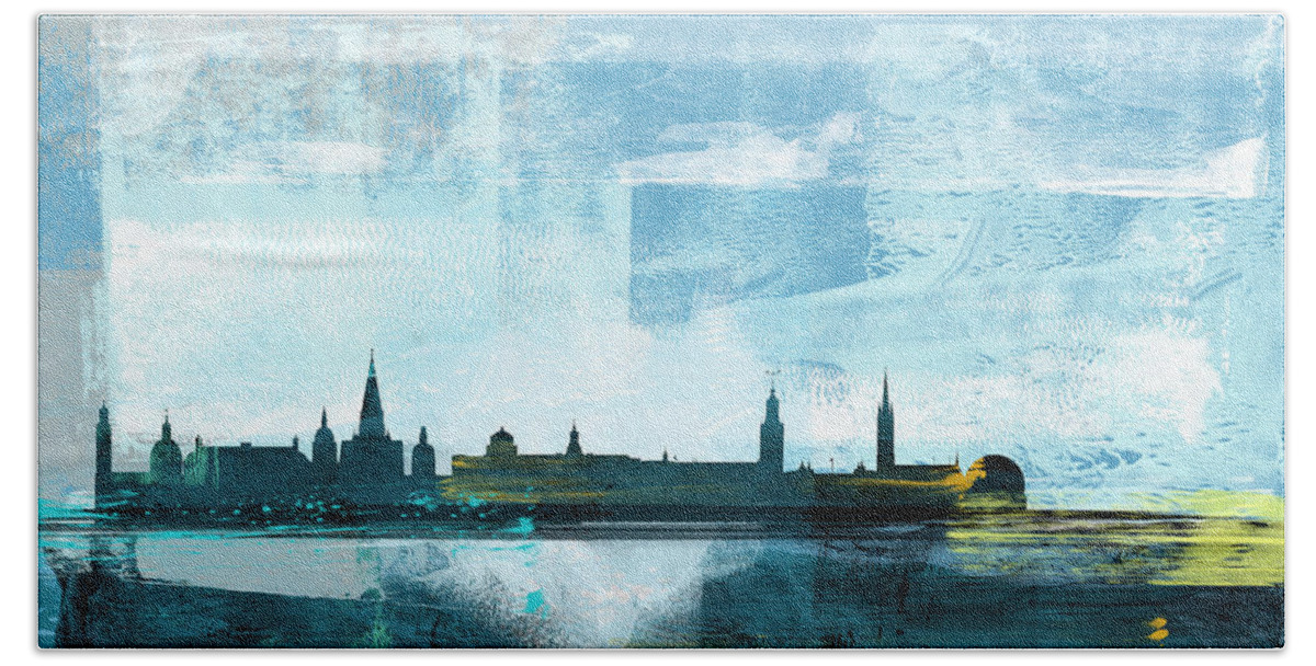 Stockholm Hand Towel featuring the mixed media Stockholm Abstract Skyline I by Naxart Studio