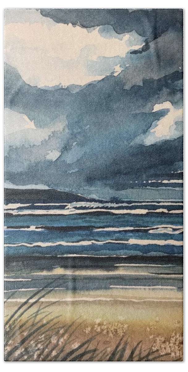 Carmel Hand Towel featuring the painting Stormy Beach Carmel. by Luisa Millicent