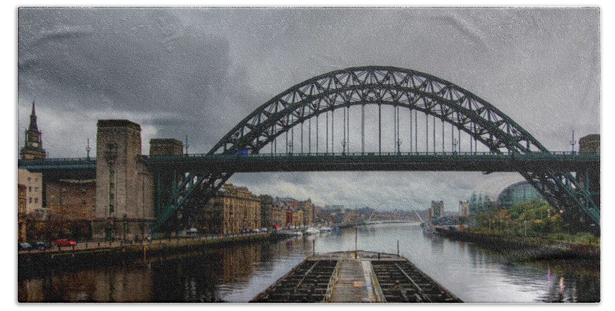 Low Level Bridge Hand Towel featuring the mixed media Stormy Newcastle by Smart Aviation
