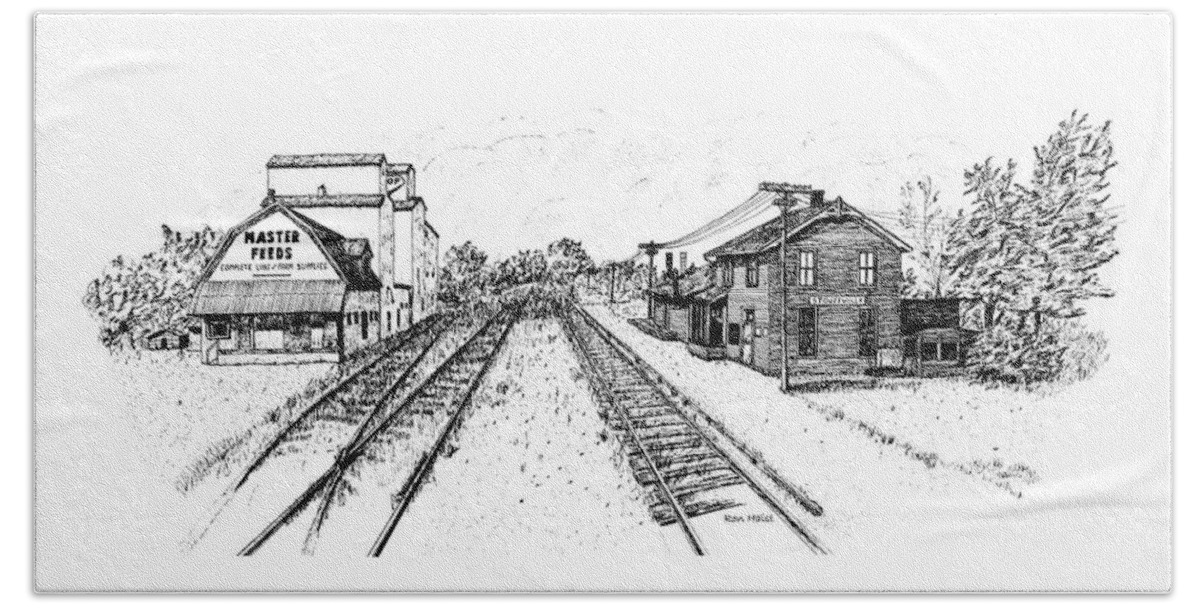 Train Hand Towel featuring the drawing Stouffville Station by Ron Haist