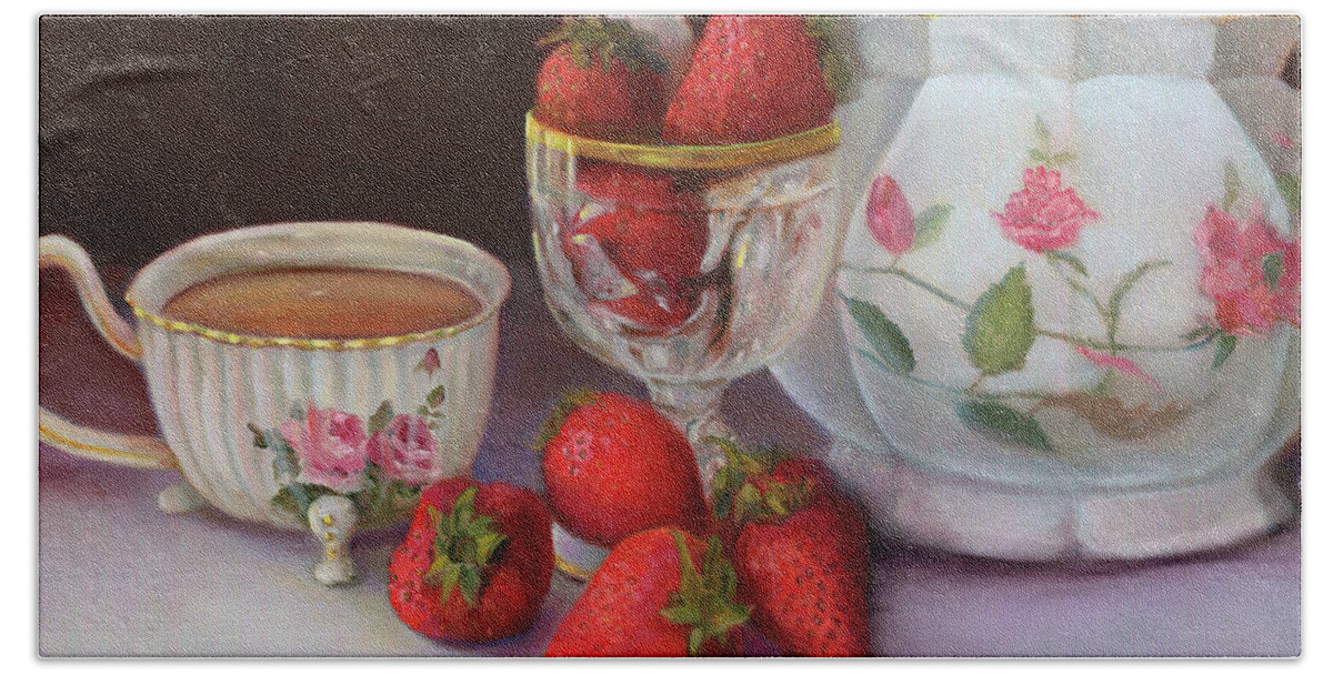 Oil Paintings Bath Towel featuring the painting Strawberry Tea by Marlene Book