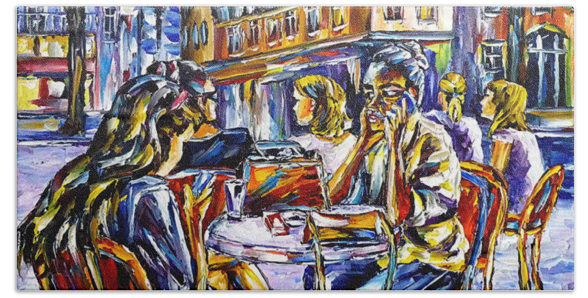 Paris Lovers Bath Towel featuring the painting Street Cafe In Paris II by Mirek Kuzniar