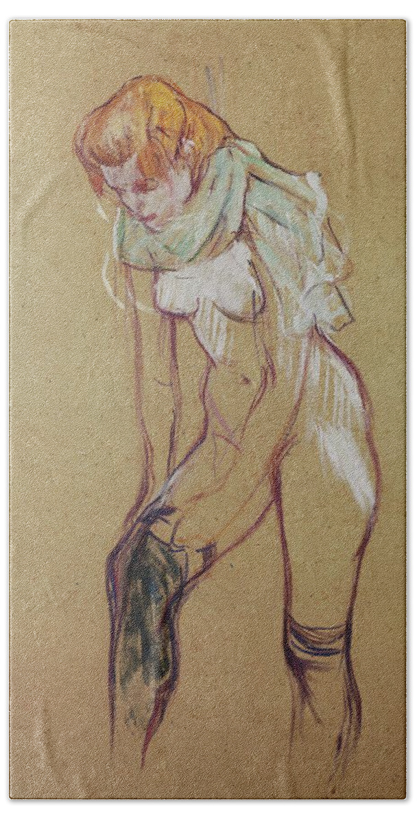 Henri De Toulouse-lautrec Hand Towel featuring the drawing Study for andquot, Woman putting on her stockingandquot,, 1894 Essence on board, 61,5 x 44,5 cm. by Henri de Toulouse Lautrec -1864-1901-