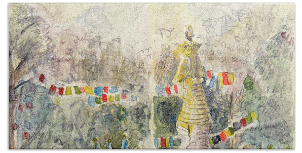 Stupa Bath Towel featuring the painting Stupa, north India by Gloria Newlan