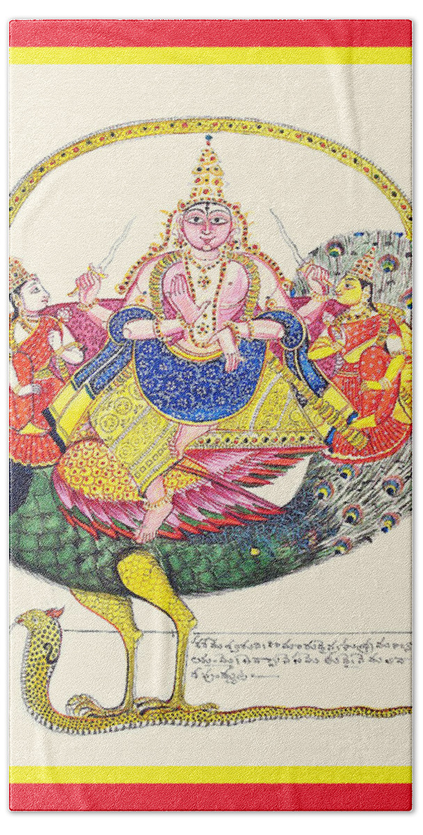Hindu Bath Towel featuring the painting Subrahmanya on a peacock on a cobra by Unknown
