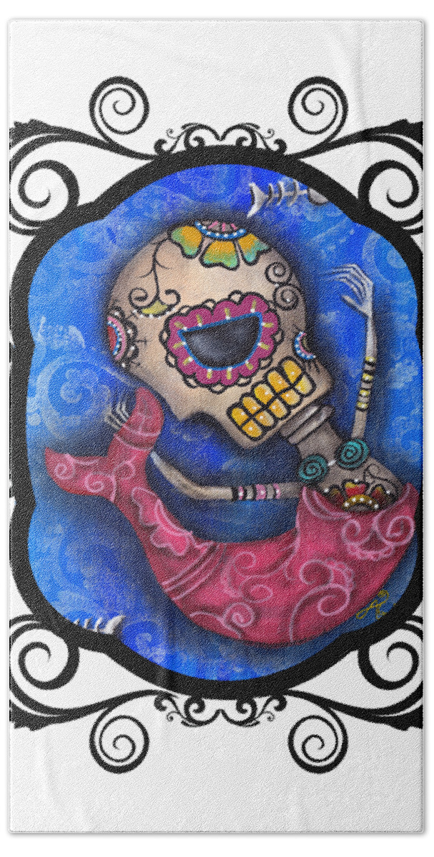 Day Of The Dead Bath Towel featuring the painting Sugar Skull Mermaid by Abril Andrade