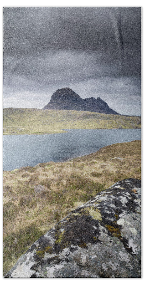 Landscape Bath Towel featuring the photograph Suilven on a stormy day by Anita Nicholson