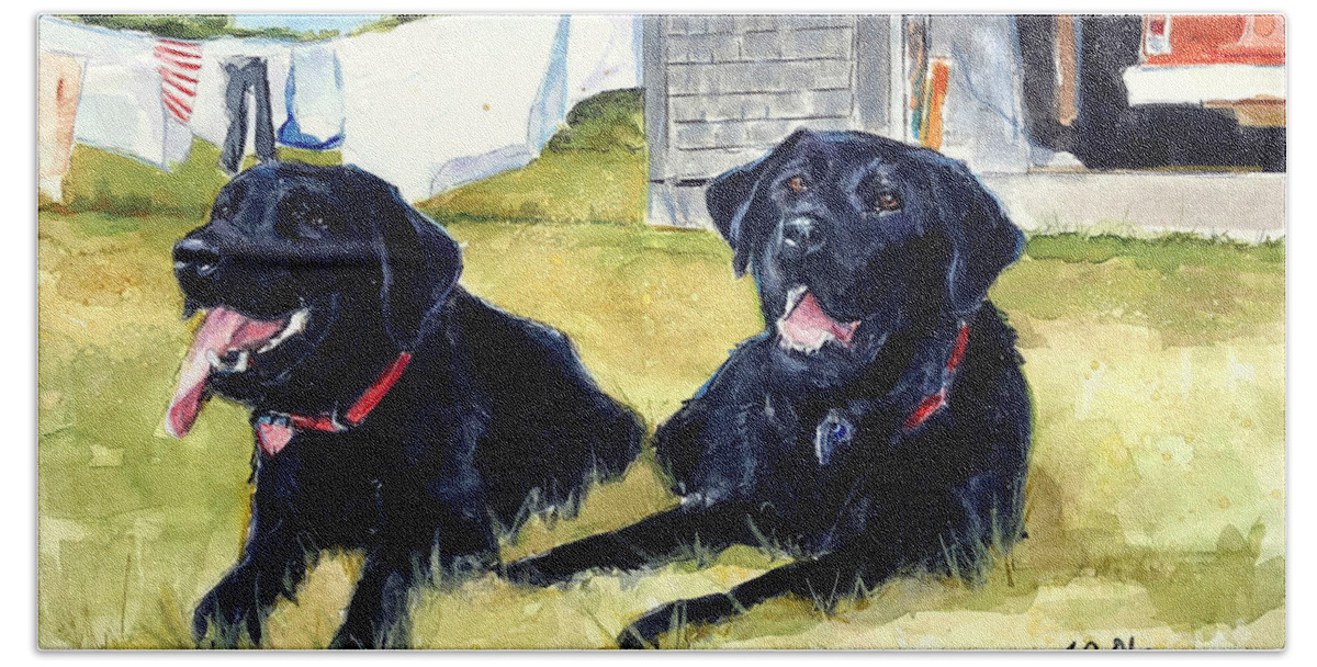 Black Labs Hand Towel featuring the painting Summer Camp by Molly Poole