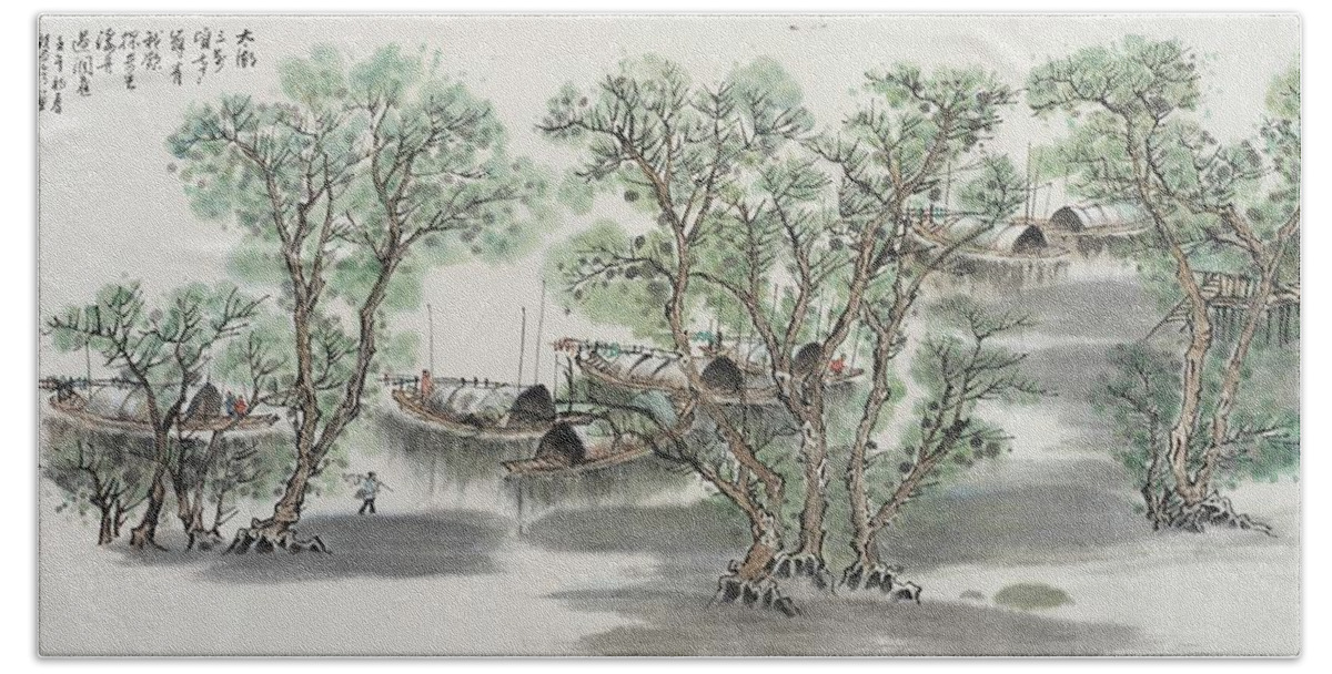 Chinese Watercolor Bath Towel featuring the painting Summer on Taihu Lake by Jenny Sanders