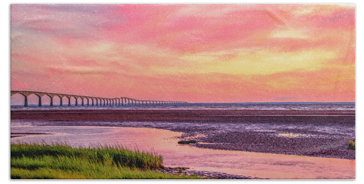 Pei Bath Towel featuring the photograph Summer Sunset at Confederation Bridge, Painterly by Marcy Wielfaert