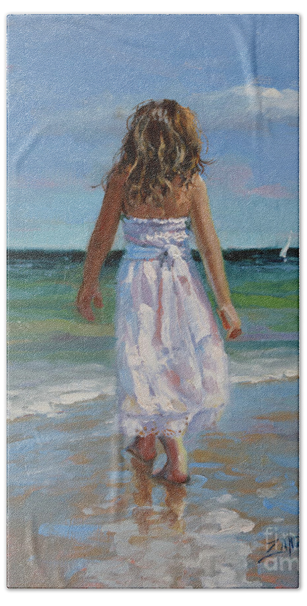 Young Girl Hand Towel featuring the painting Summer Whites by Laura Lee Zanghetti
